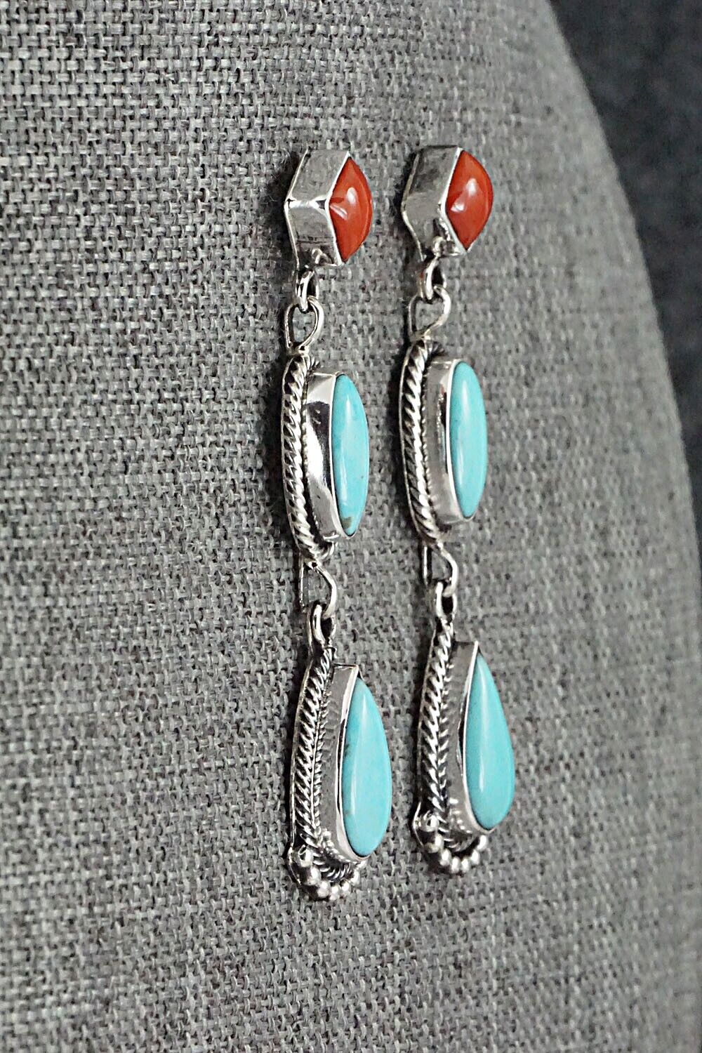 Turquoise, Coral & Sterling Silver Earrings - Verley Betone