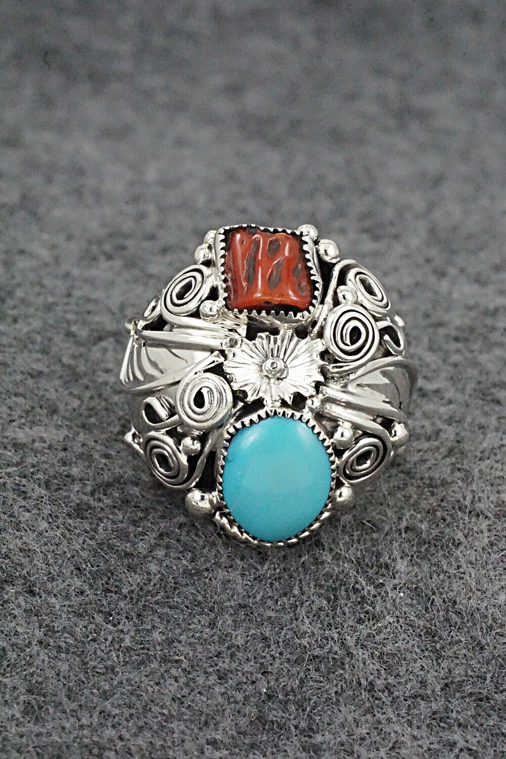 Turquoise, Coral & Sterling Silver Ring - Sarah Yazzie - Size 9.5