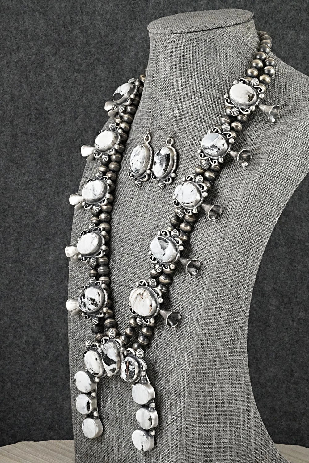 White Buffalo & Sterling Silver Squash Blossom Set - Paul Livingston