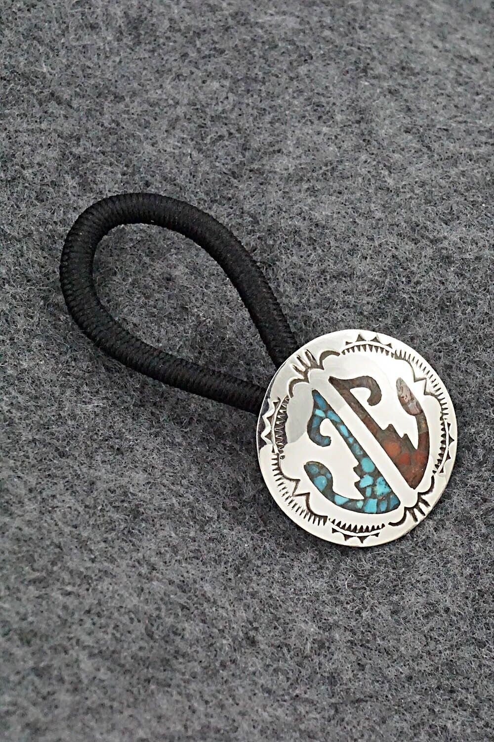 Turquoise, Coral Chip Inlay & Sterling Silver Hair Tie - Joleen Yazzie