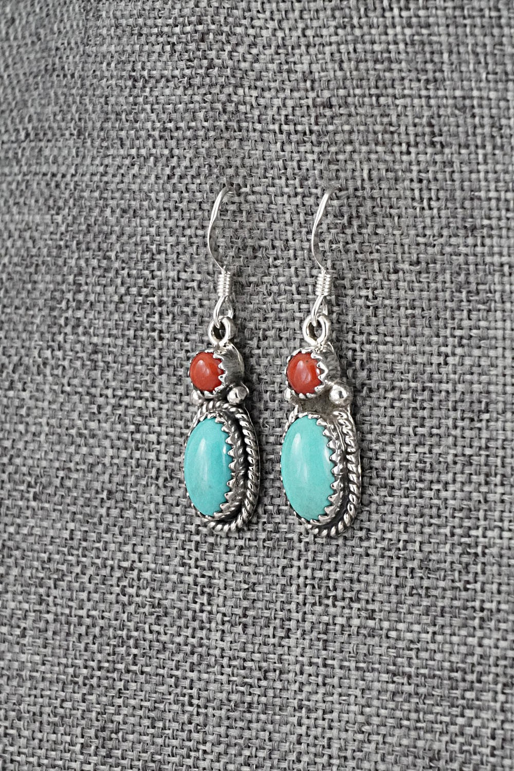 Turquoise, Coral & Sterling Silver Earrings - Verley Betone
