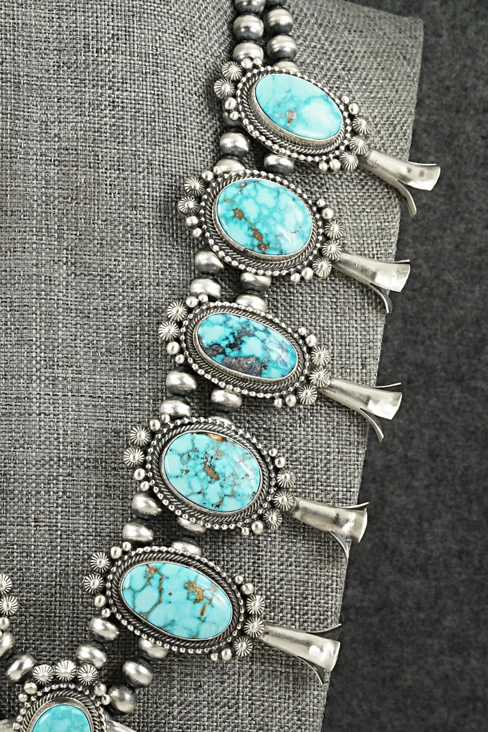 Turquoise & Sterling Silver Squash Blossom Necklace - Tom Lewis