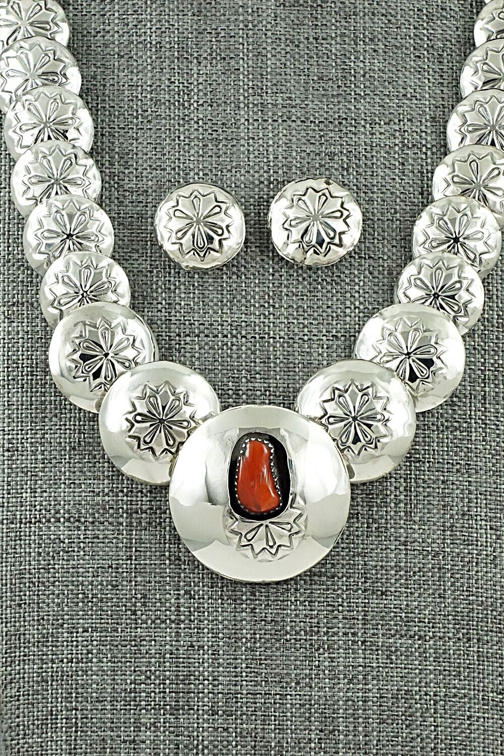 Coral & Sterling Silver Necklace and Earrings Set - Tim Thompson
