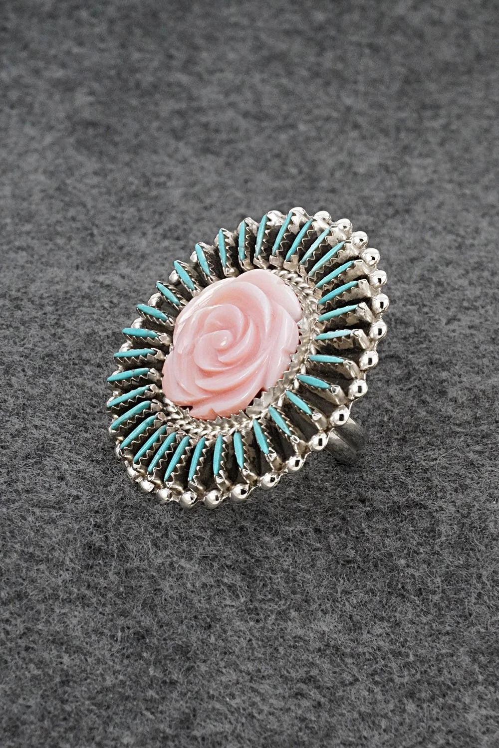 Turquoise, Pink Conch & Sterling Silver Ring - Roland Francisco - Size Adj.