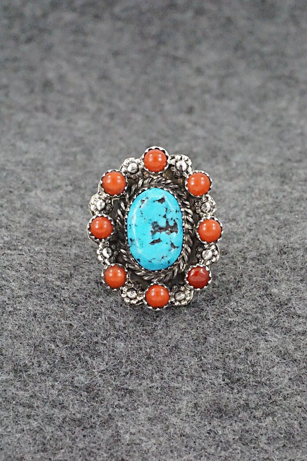 Turquoise, Coral & Sterling Silver Ring - Rene Yazzie - Size 7.5