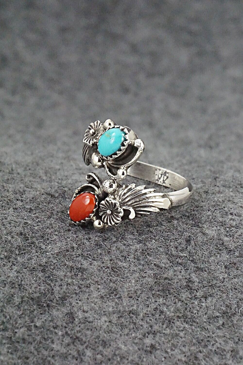 Turquoise, Coral & Sterling Silver Ring - Etta Belin - Size 8.5