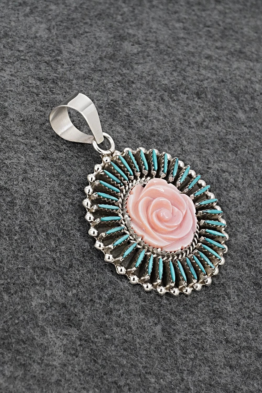 Turquoise, Pink Conch & Sterling Silver Pendant - Roland Francisco