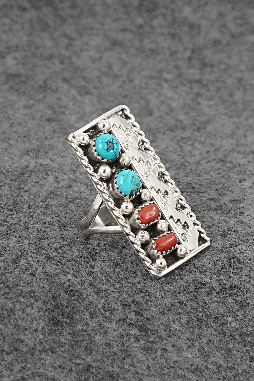 Turquoise, Coral & Sterling Silver Ring - Ronnie Spencer - Size 7.5