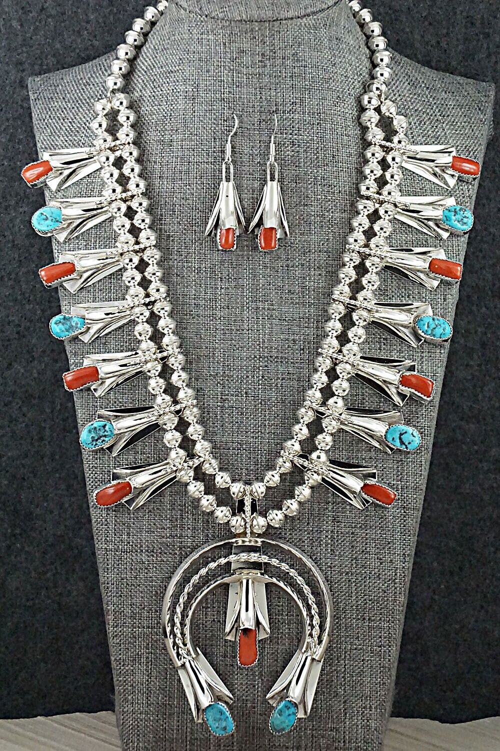 Turquoise, Coral & Sterling Silver Squash Blossom Set - Louise Yazzie