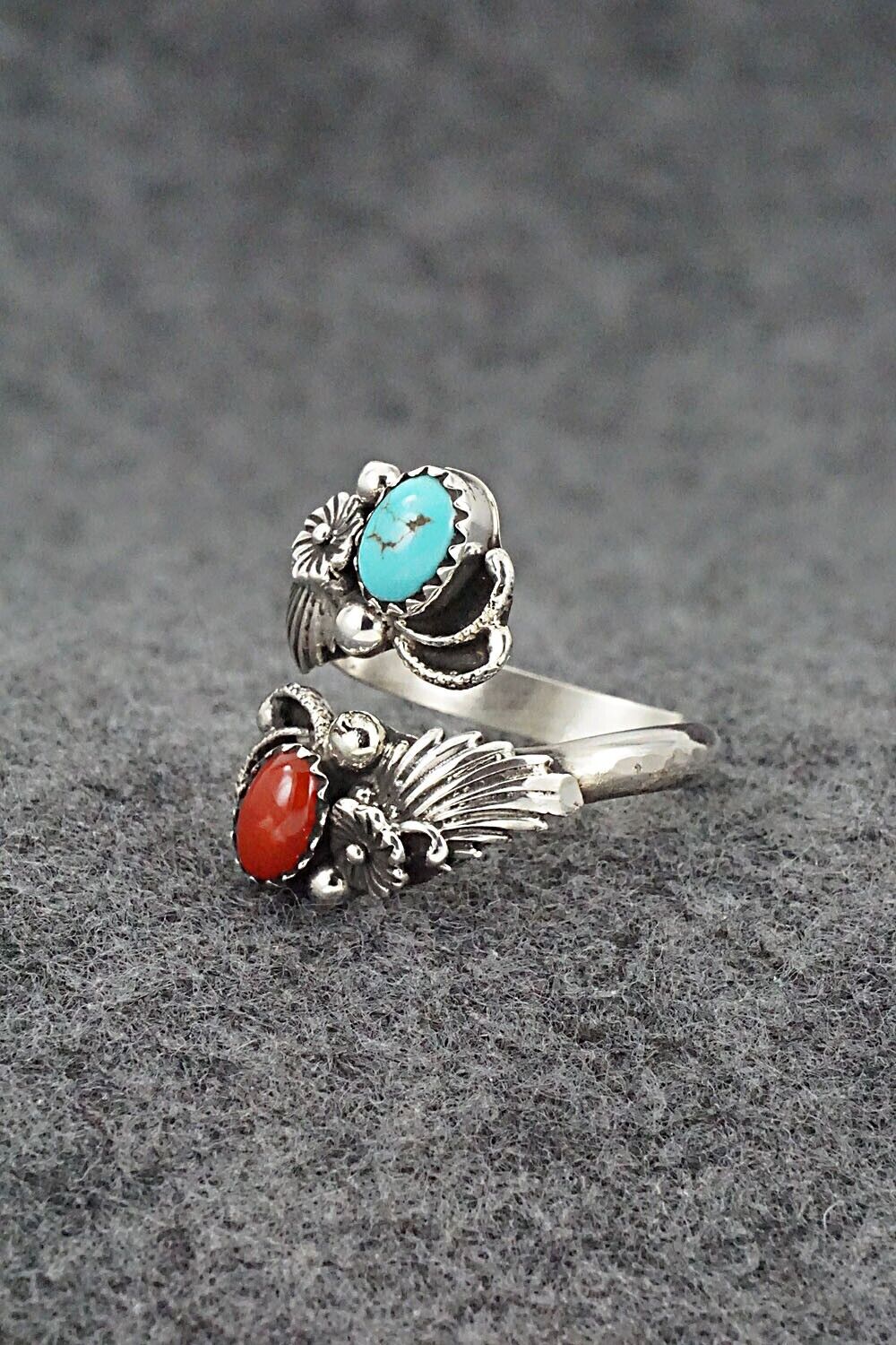 Turquoise, Coral & Sterling Silver Ring - Etta Belin - Size 9