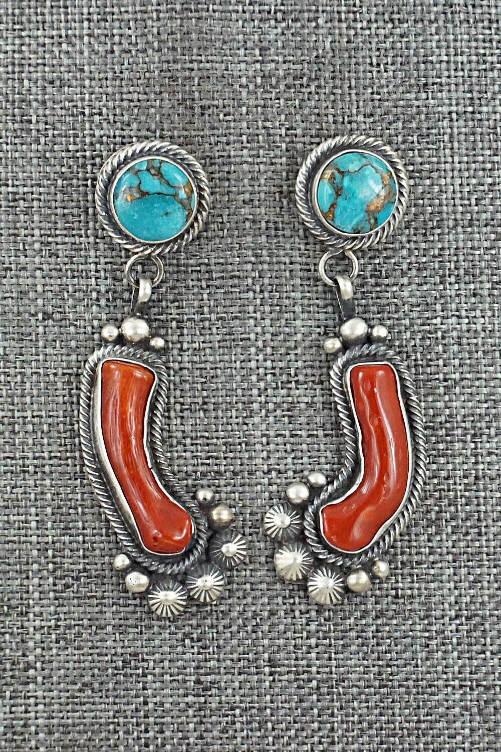 Turquoise, Coral & Sterling Silver Earrings - Tom Lewis