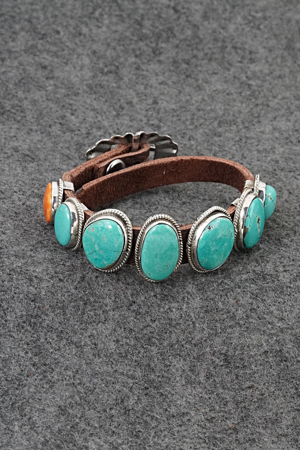 Turquoise, Spiny Oyster, Sterling Silver & Leather Bracelet - Marlene Ramone