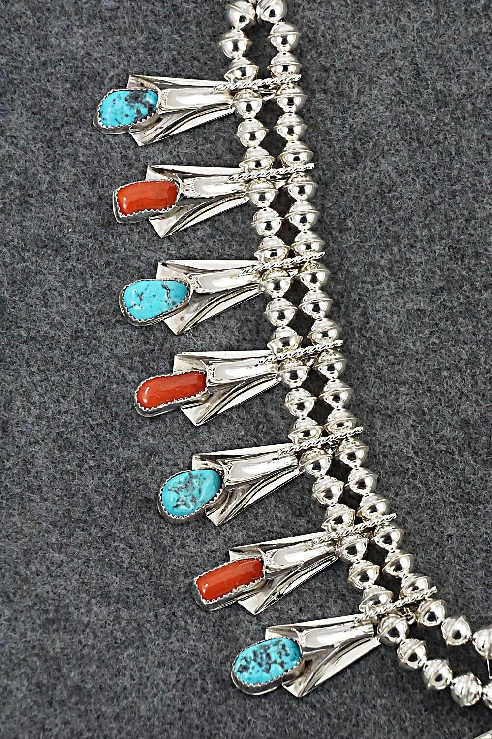 Turquoise, Coral & Sterling Silver Squash Blossom Set - Louise Yazzie