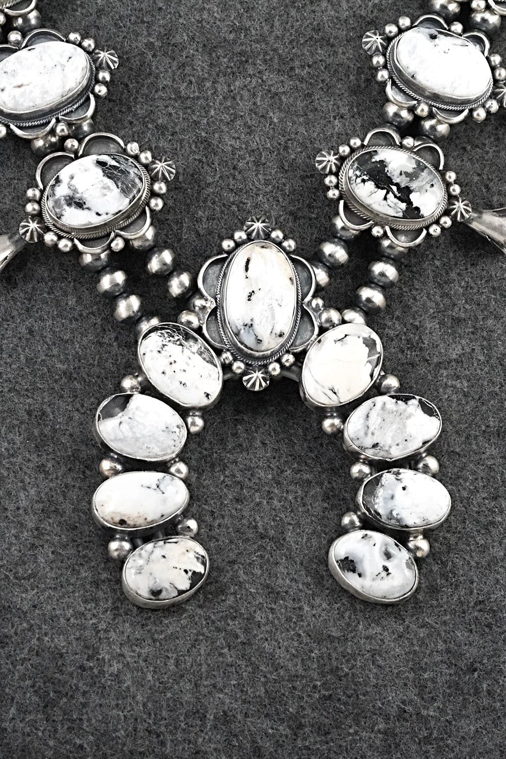 White Buffalo & Sterling Silver Squash Blossom Set - Paul Livingston