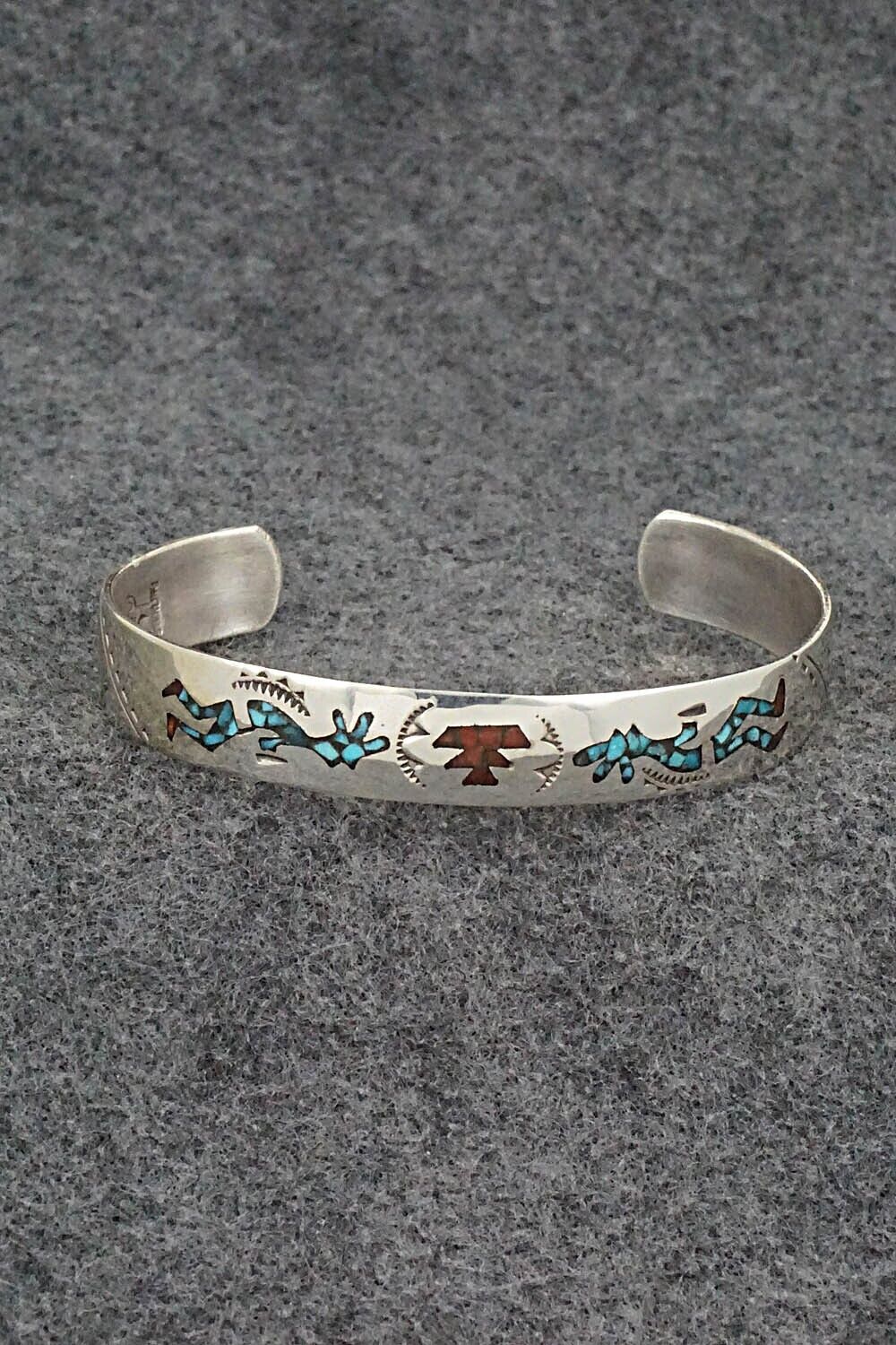 Turquoise, Coral Chip Inlay & Sterling Silver Bracelet - Joleen Yazzie