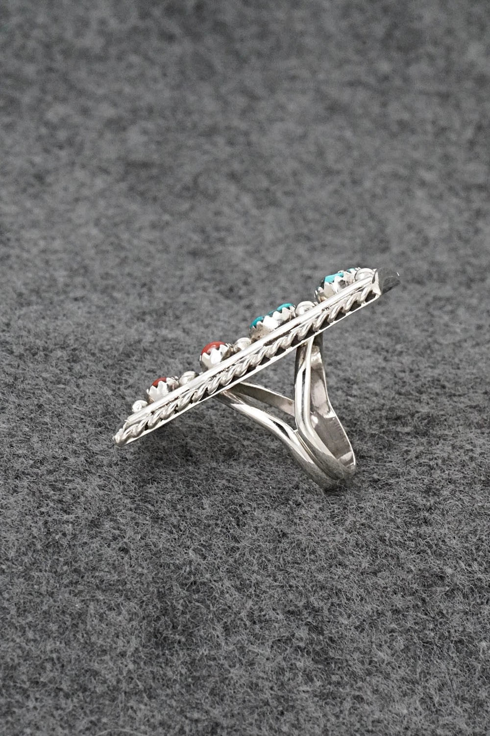 Turquoise, Coral & Sterling Silver Ring - Ronnie Spencer - Size 7