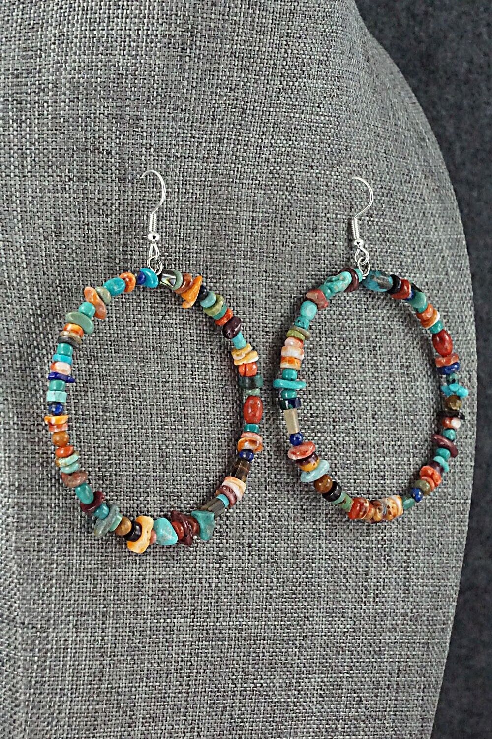 Multi Stone & Sterling Silver Hoop Earrings - Helen Tsosie