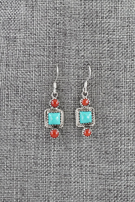 Turquoise, Coral & Sterling Silver Earrings - Gary Shorty