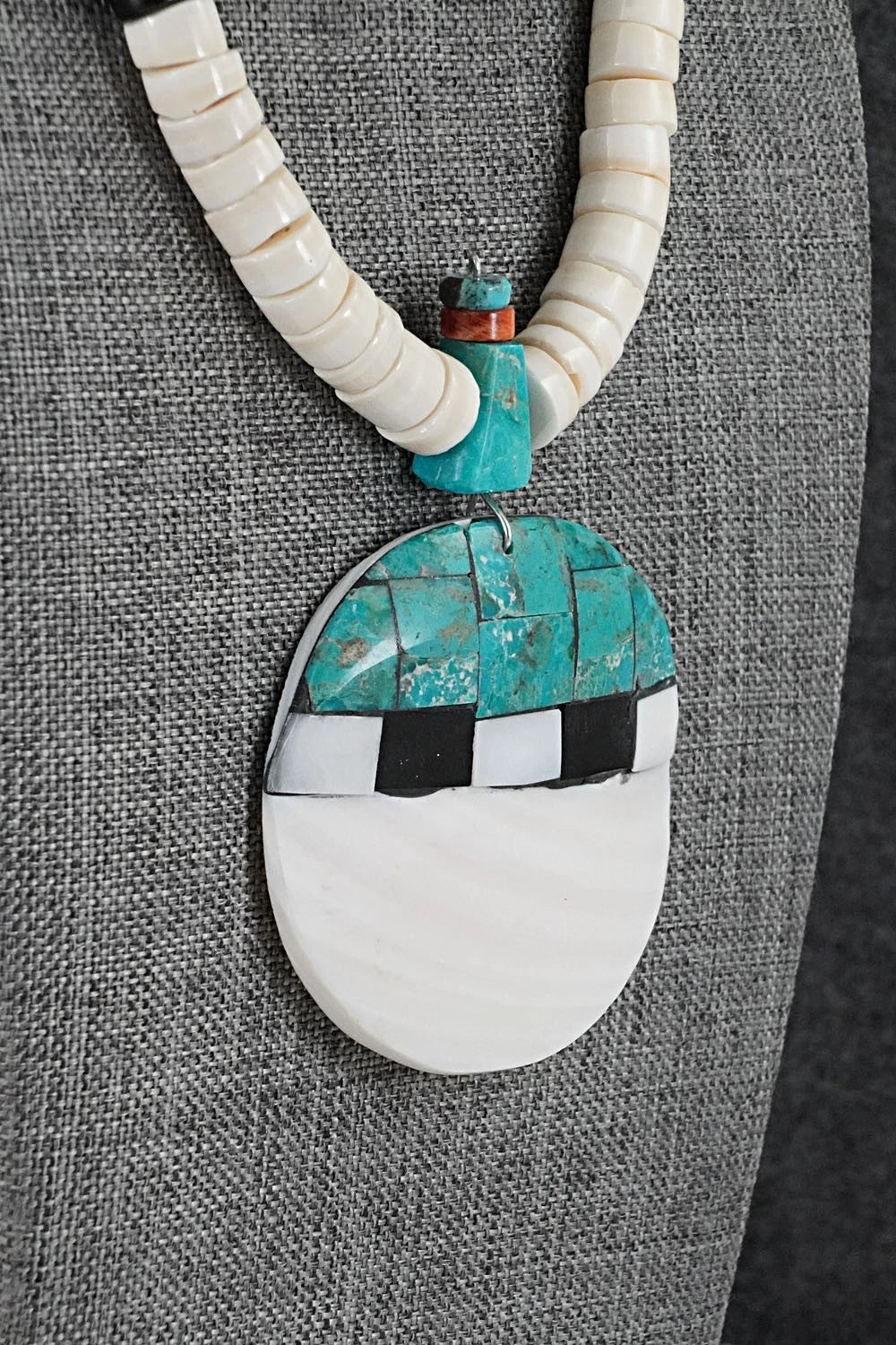 Turquoise, Melon Shell and Sterling Silver Necklace - Lupe Lovato