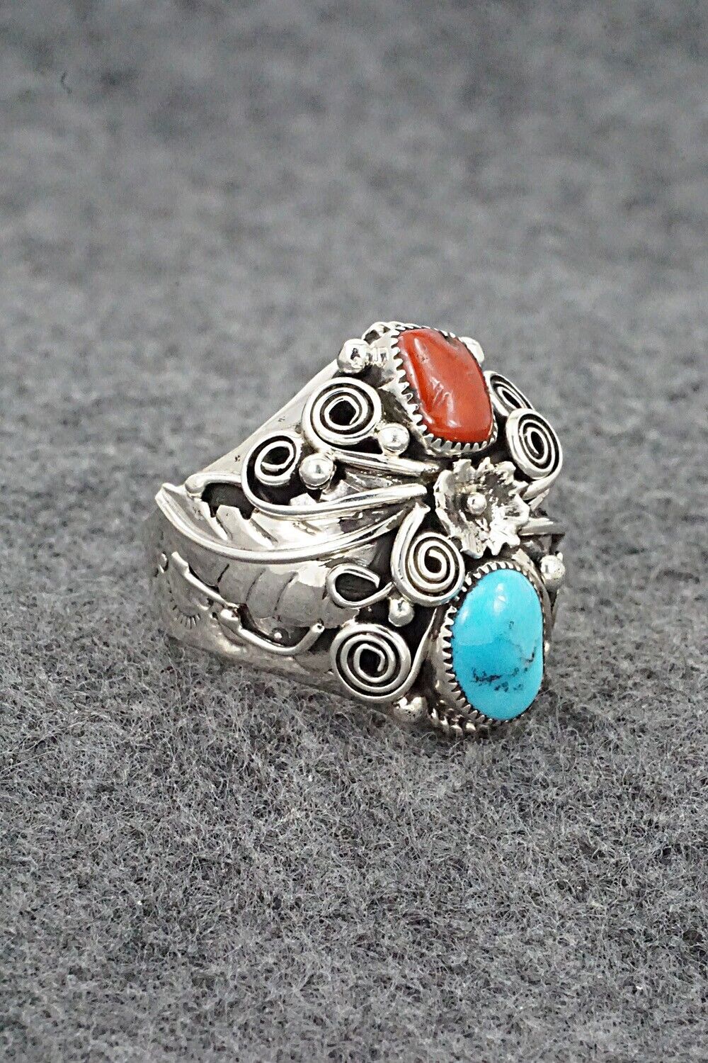 Turquoise, Coral & Sterling Silver Ring - Sarah Yazzie - Size 10.5