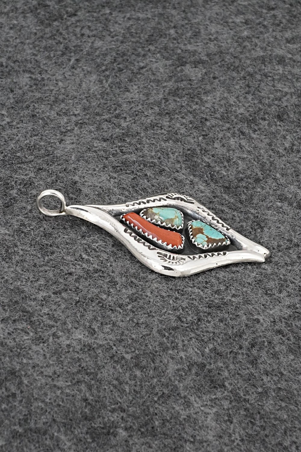 Turquoise, Coral & Sterling Silver Pendant - Wilbur Iule
