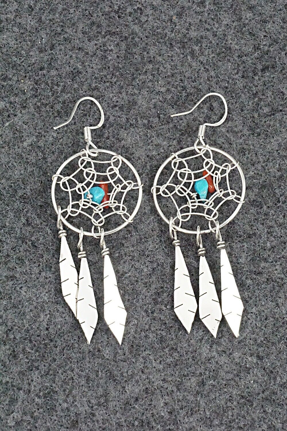 Turquoise, Coral & Sterling Silver Earrings - Lorenzo Arviso Jr.