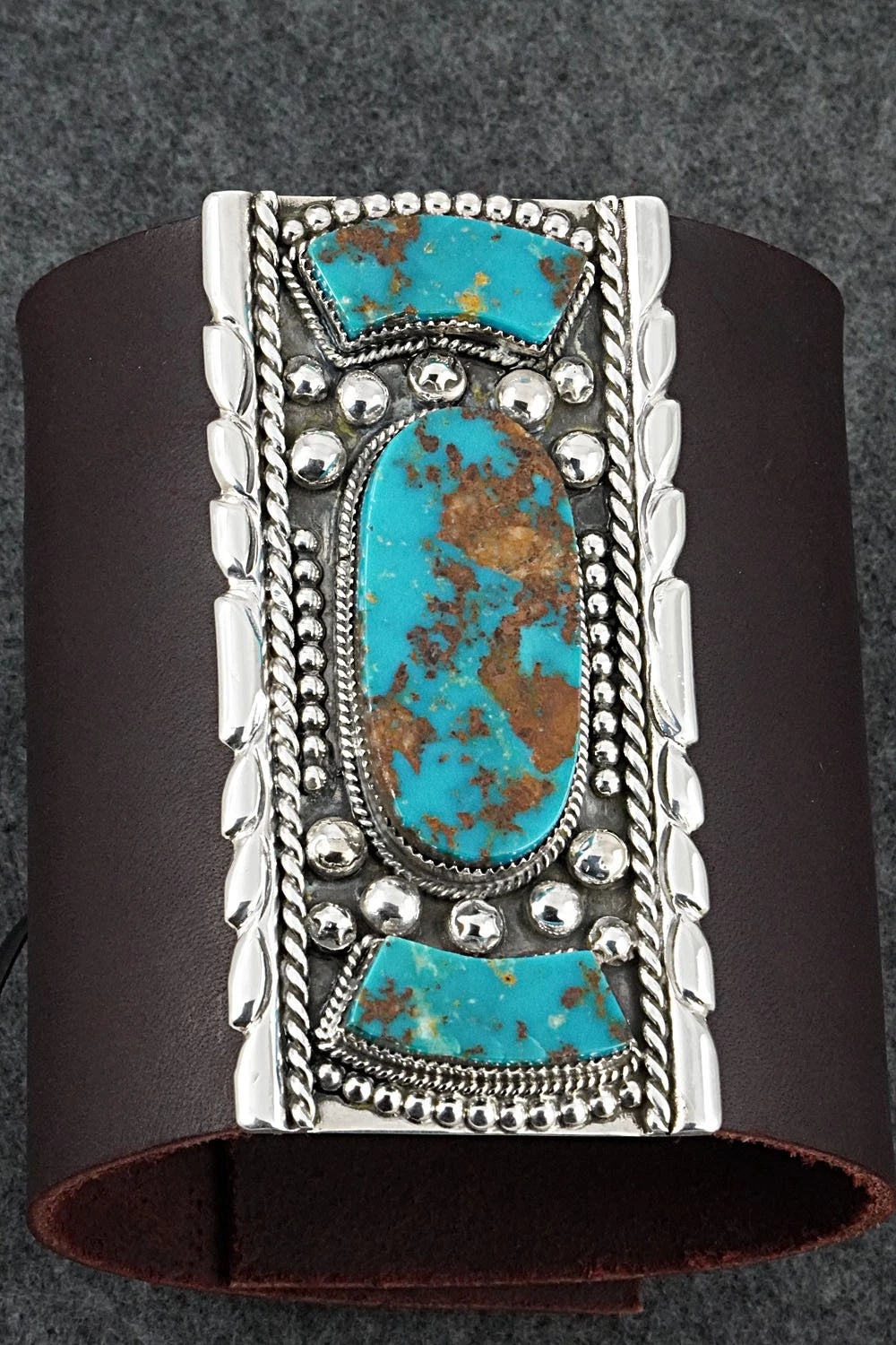 Turquoise, Sterling Silver & Leather Bracelet - Griffin Tsabetsaye Jr.
