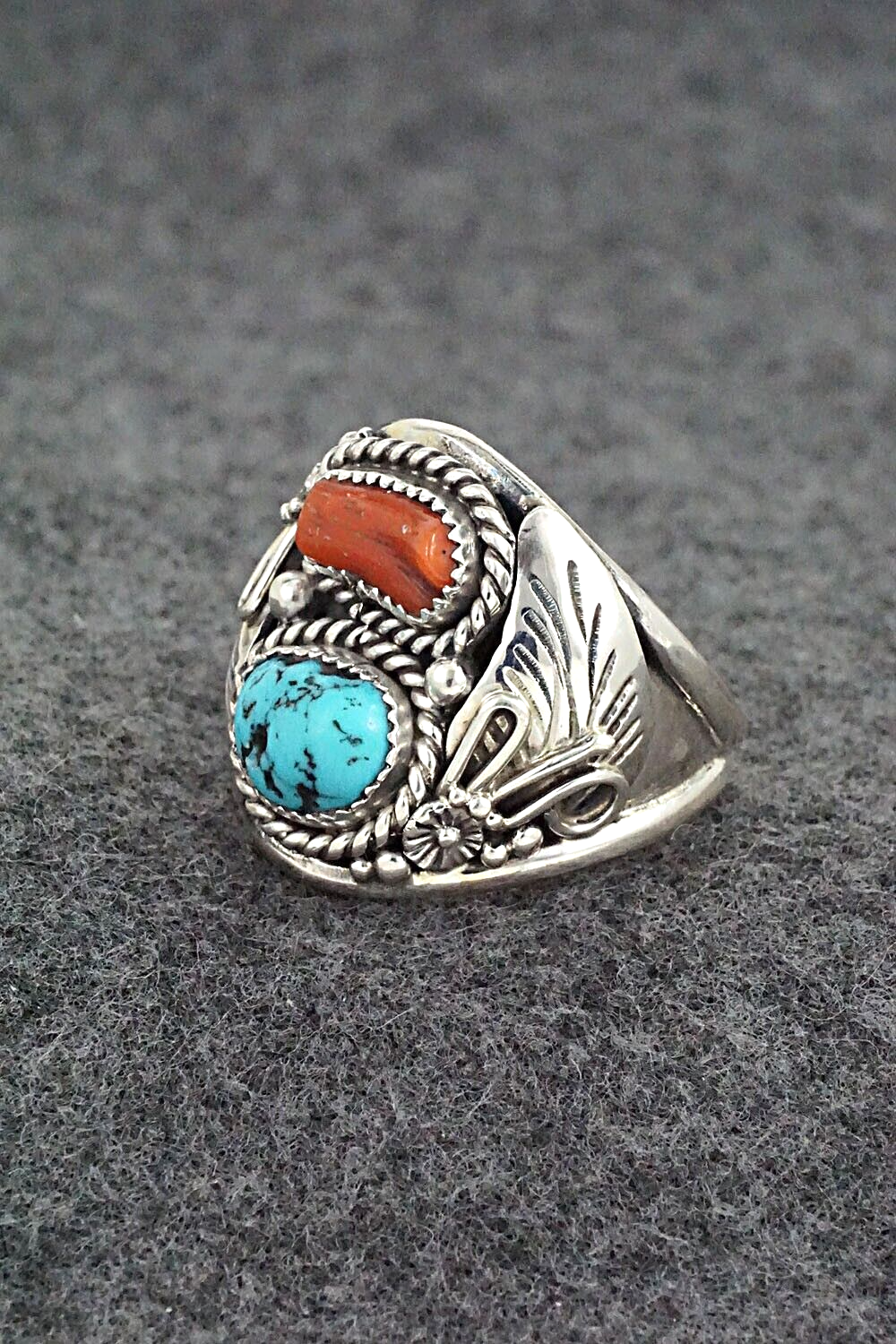 Turquoise, Coral & Sterling Silver Ring - Leonard Spencer - Size 11.75