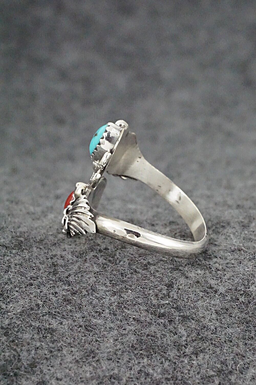 Turquoise, Coral & Sterling Silver Ring - Etta Belin - Size 9