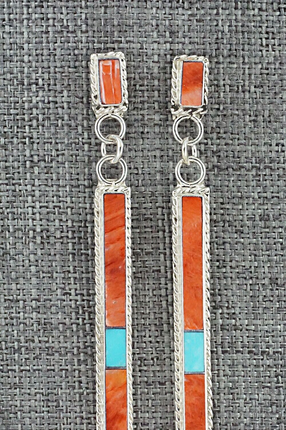 Turquoise, Spiny Oyster & Sterling Silver Inlay Earrings - Ricky Booqua