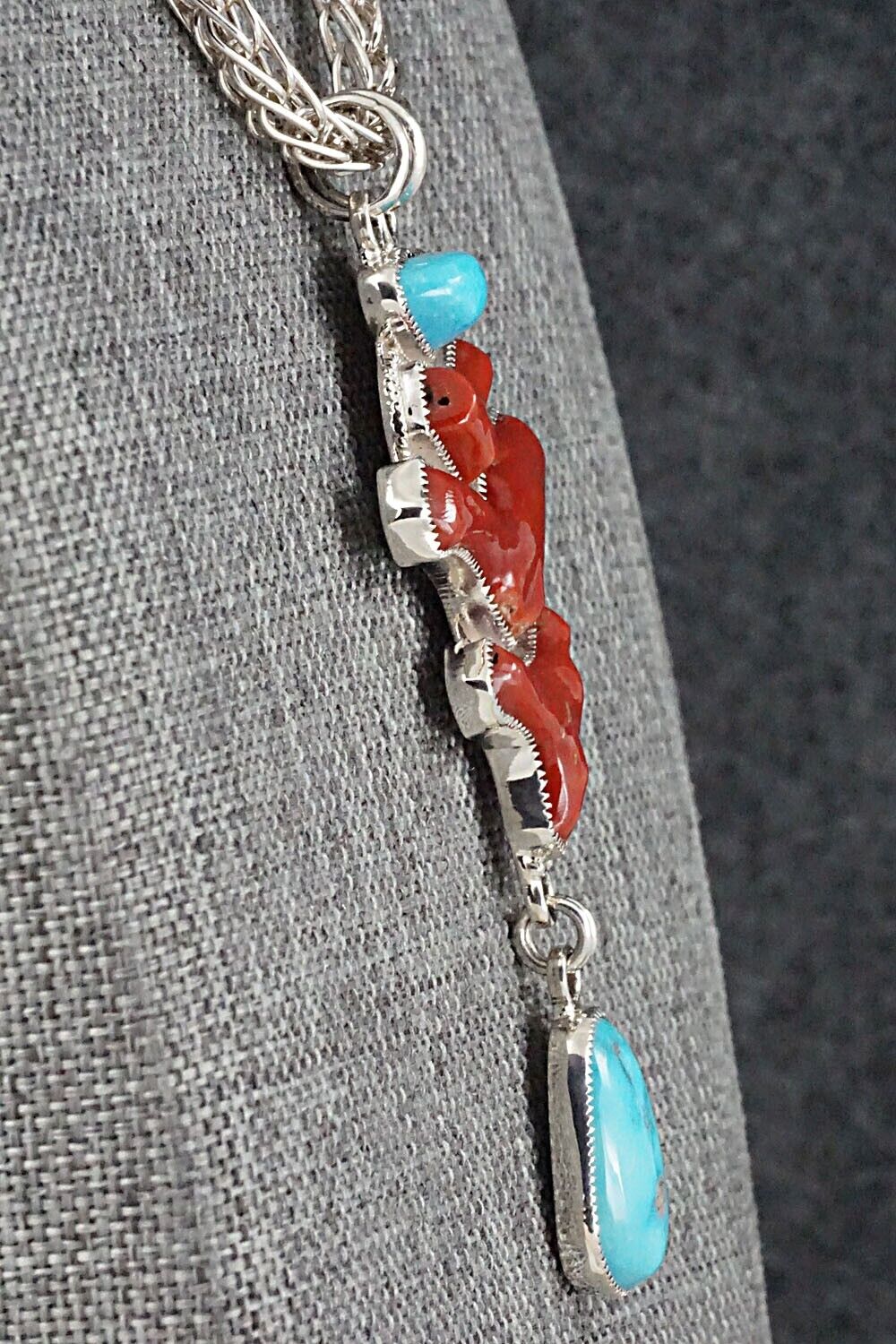 Turquoise, Coral & Sterling Silver Necklace - Smokey Gchachu