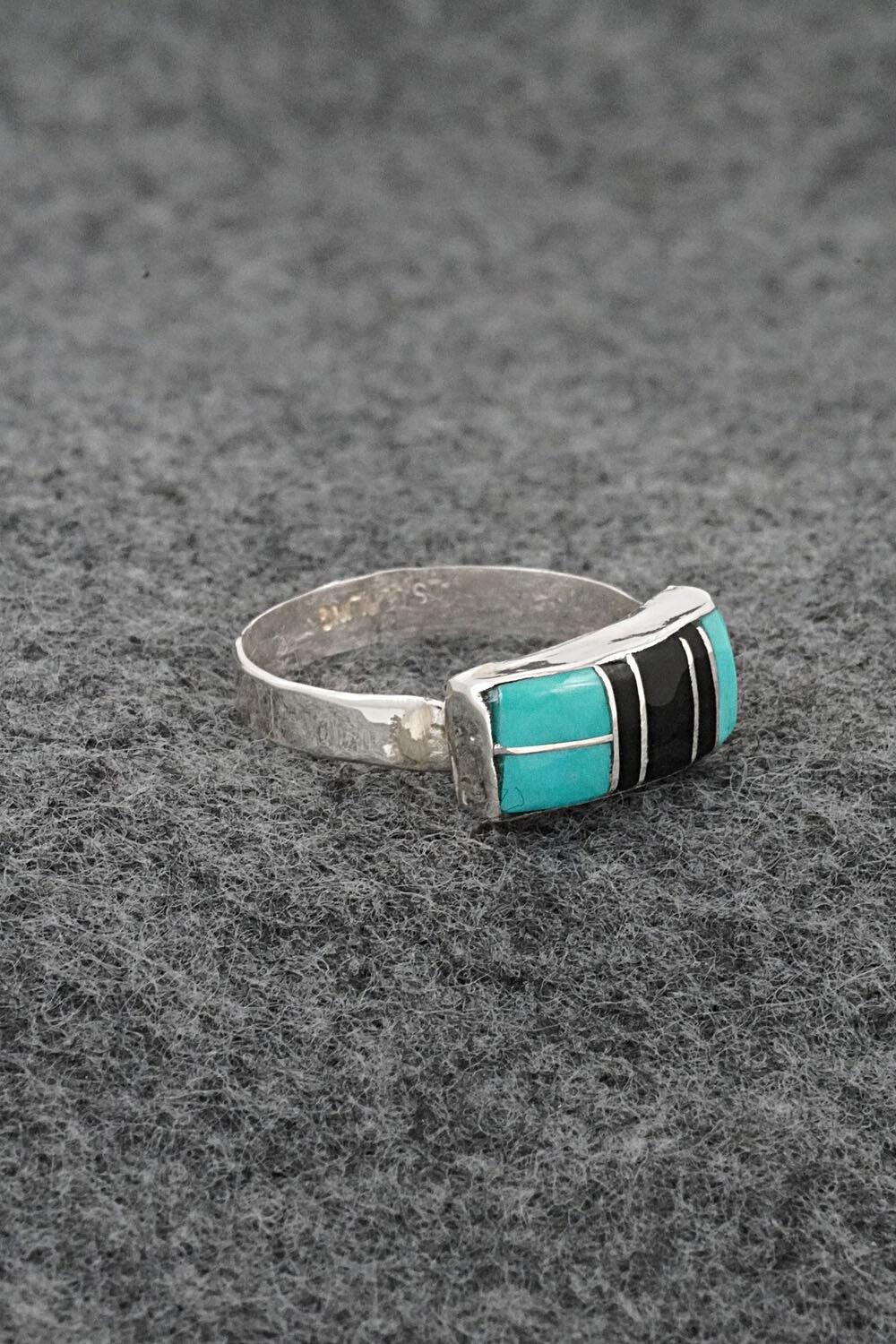 Turquoise, Onyx & Sterling Silver Inlay Ring - Ola Eriacho - Size 8