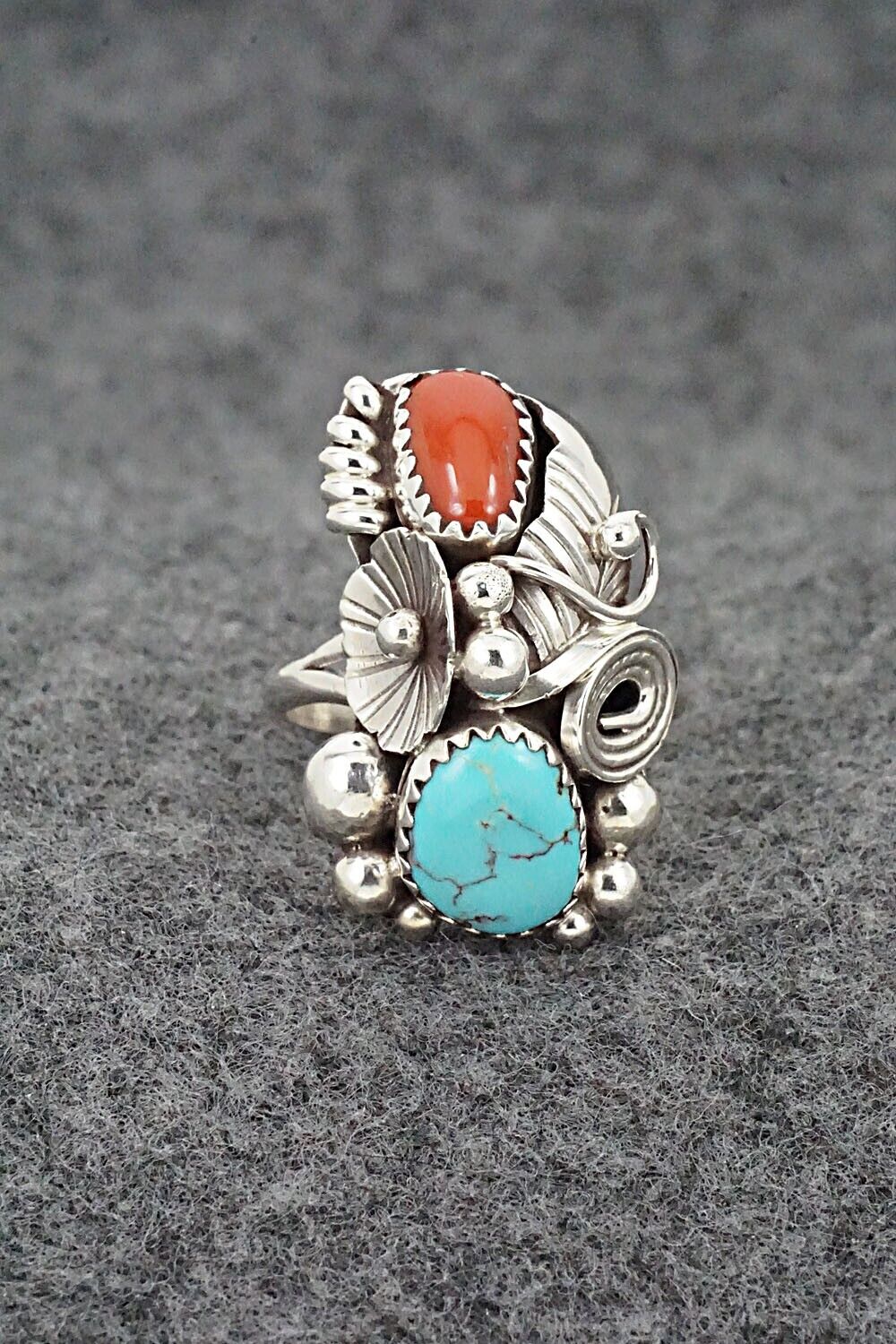 Turquoise, Coral & Sterling Silver Ring - Max Calladitto - Size 7.25