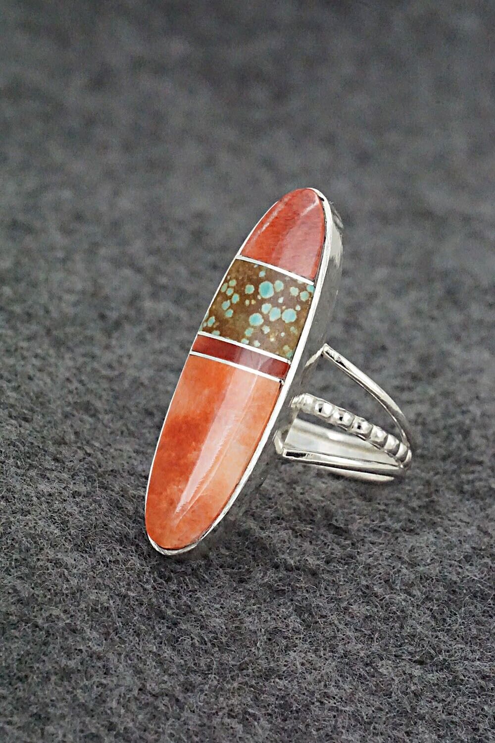Spiny Oyster, Turquoise, Coral & Sterling Silver Ring - Harold Smith - Size 9