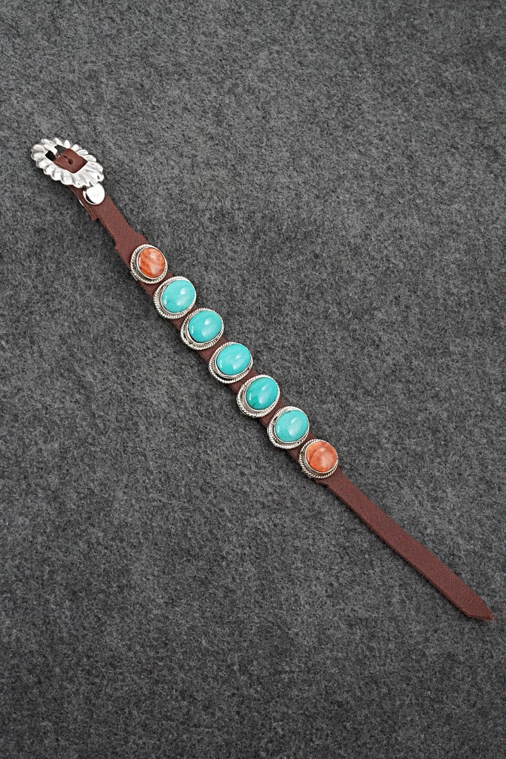 Turquoise, Spiny Oyster, Sterling Silver & Leather Bracelet - Bonnie Willie