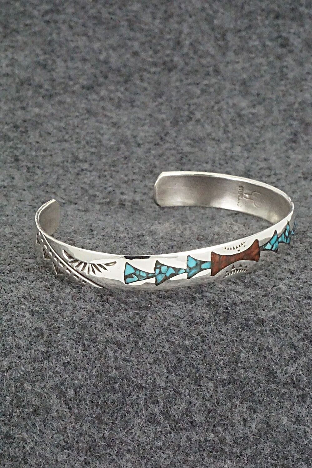 Turquoise, Coral Chip Inlay & Sterling Silver Bracelet - Joleen Yazzie