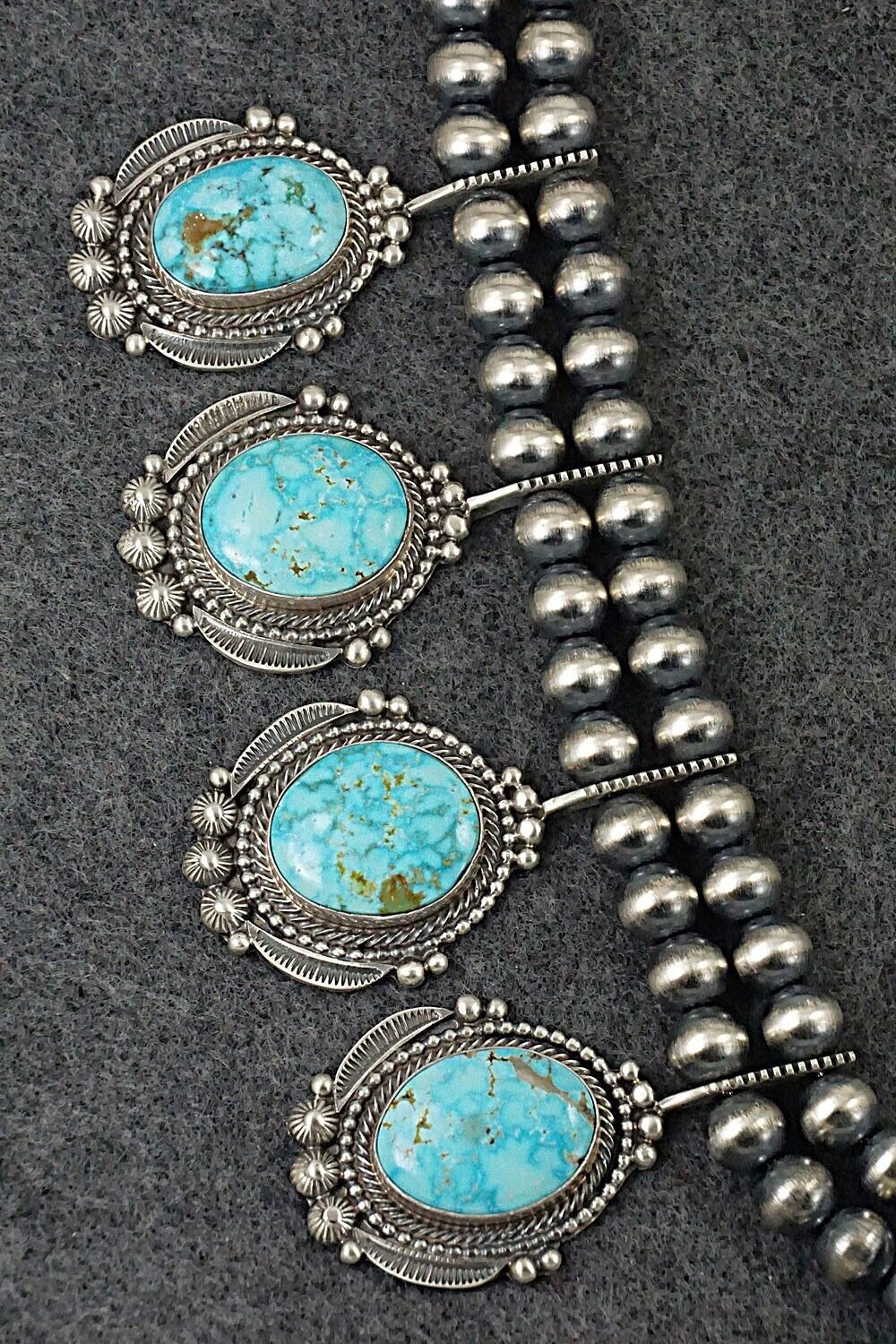 Turquoise & Sterling Silver Squash Blossom and Earrings Set - Tom Lewis