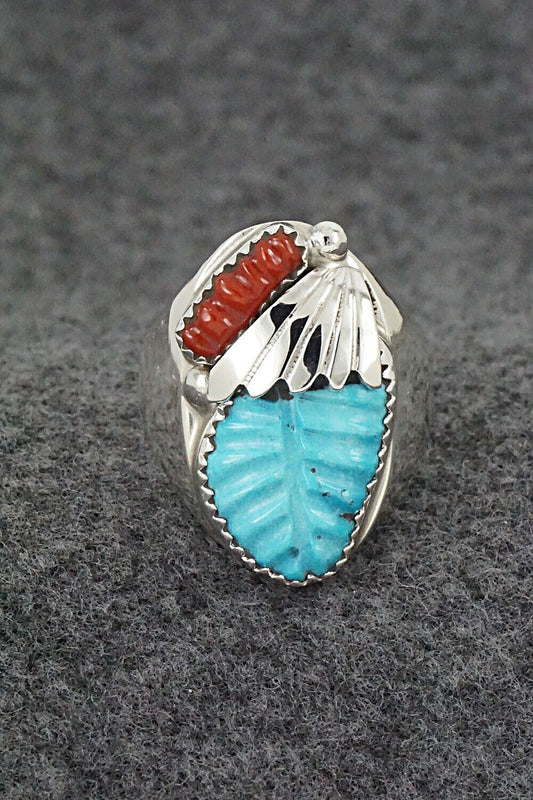 Coral, Turquoise & Sterling Silver Ring - Lyolita Tsattie - Size 9.5