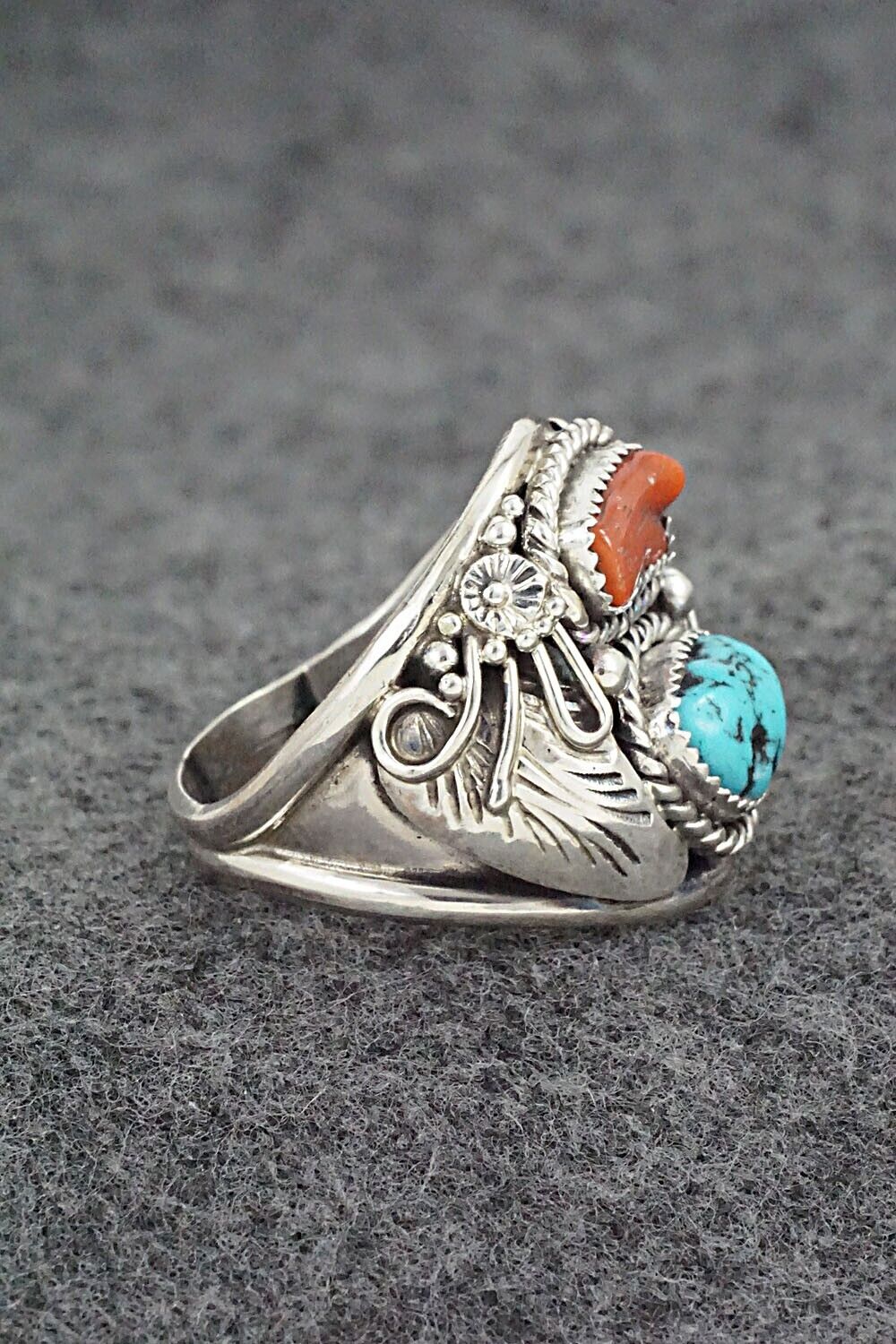 Turquoise, Coral & Sterling Silver Ring - Leonard Spencer - Size 11.75