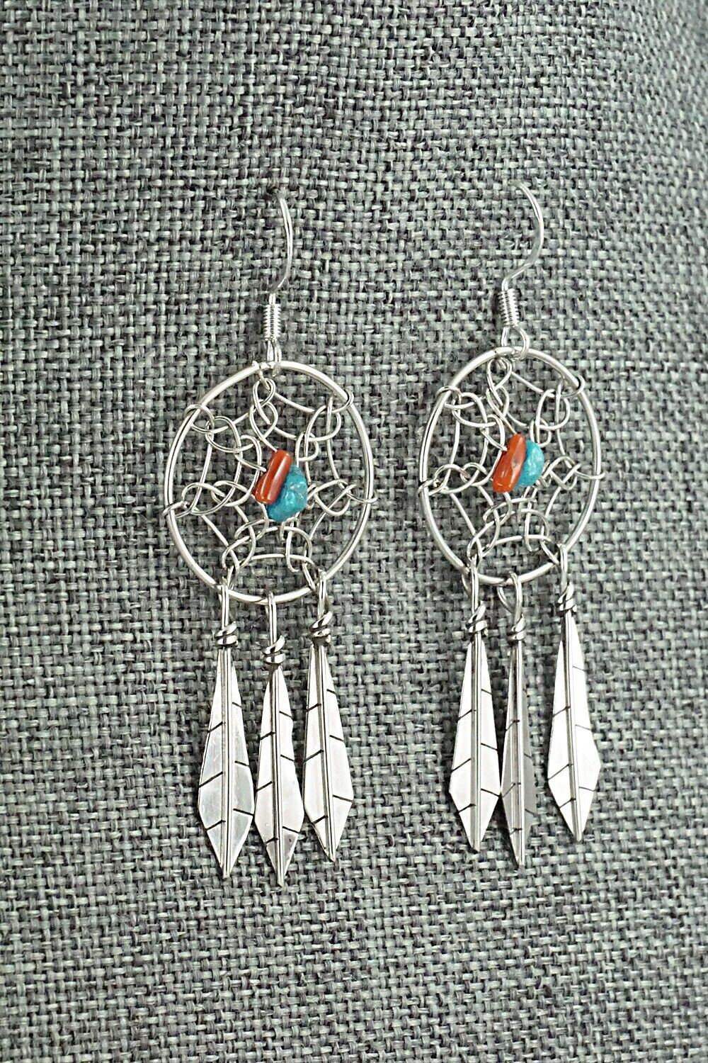 Turquoise, Coral & Sterling Silver Earrings - Lorenzo Arviso Jr.