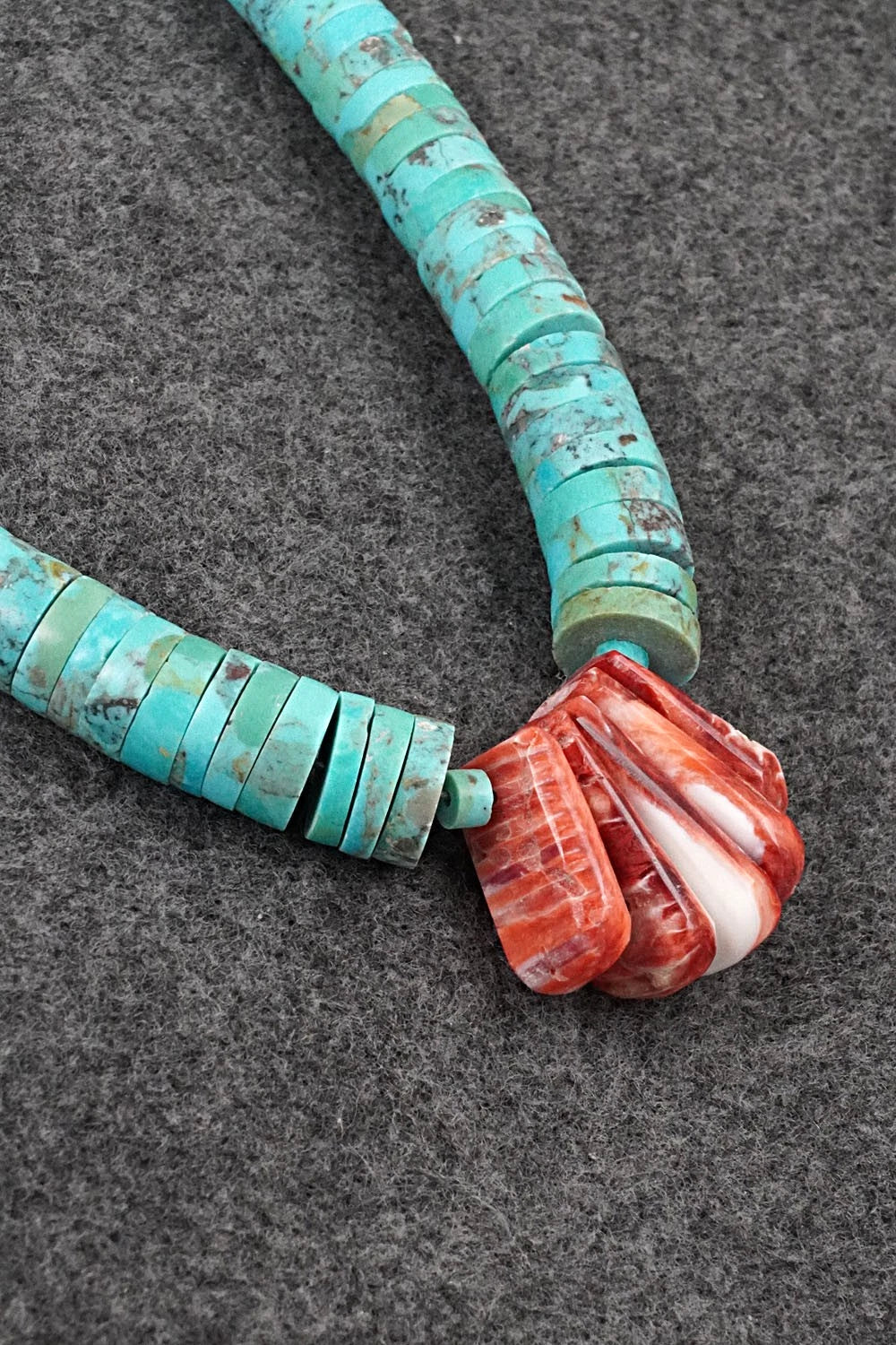 Turquoise, Spiny Oyster and Sterling Silver Necklace - Lupe Lovato