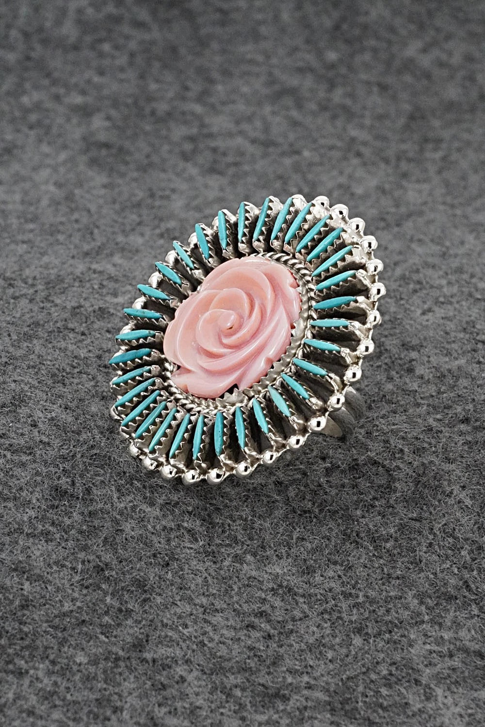 Turquoise, Pink Conch & Sterling Silver Ring - Roland Francisco - Size Adj.