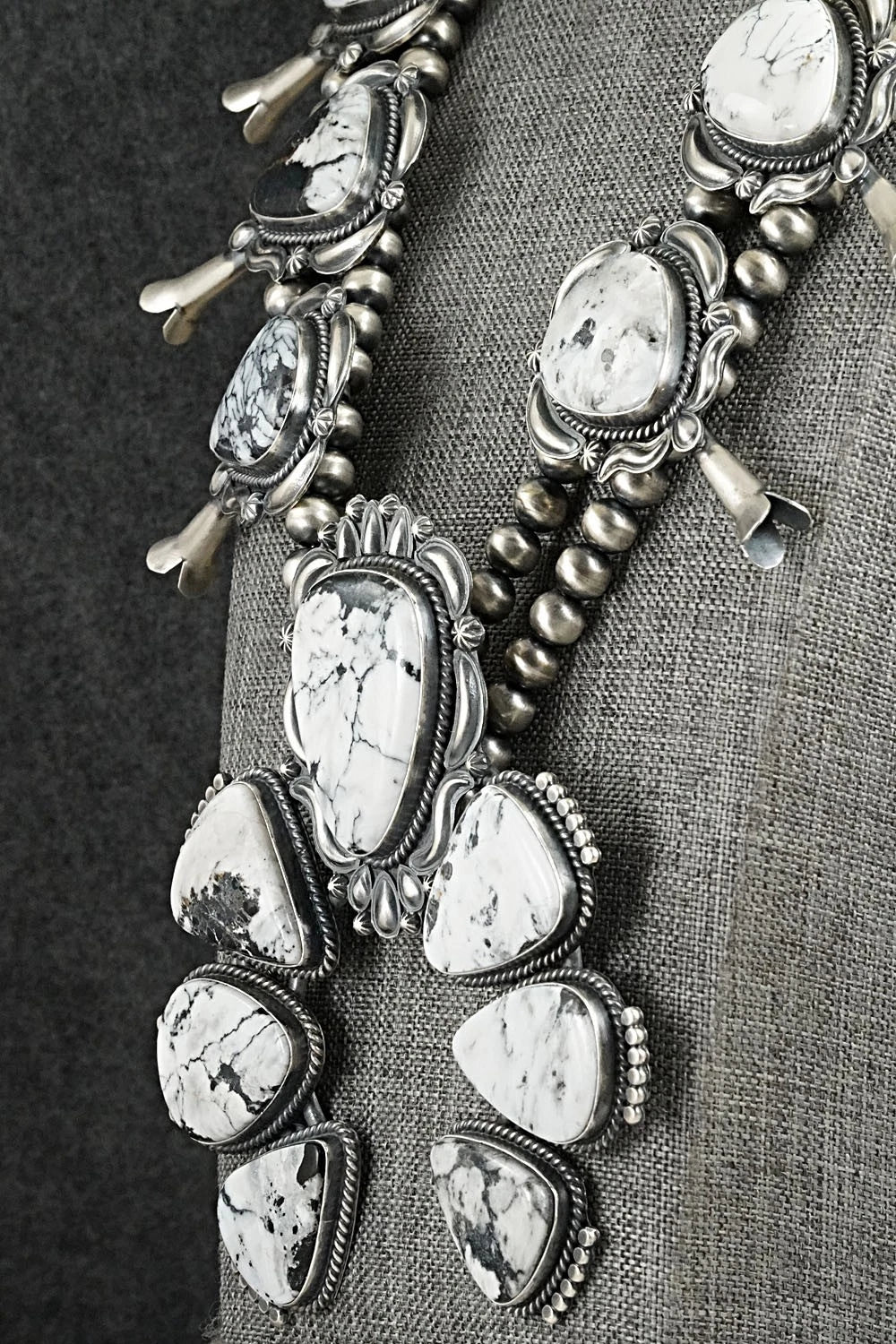 White Buffalo & Sterling Silver Squash Blossom Set - Raymond Delgarito