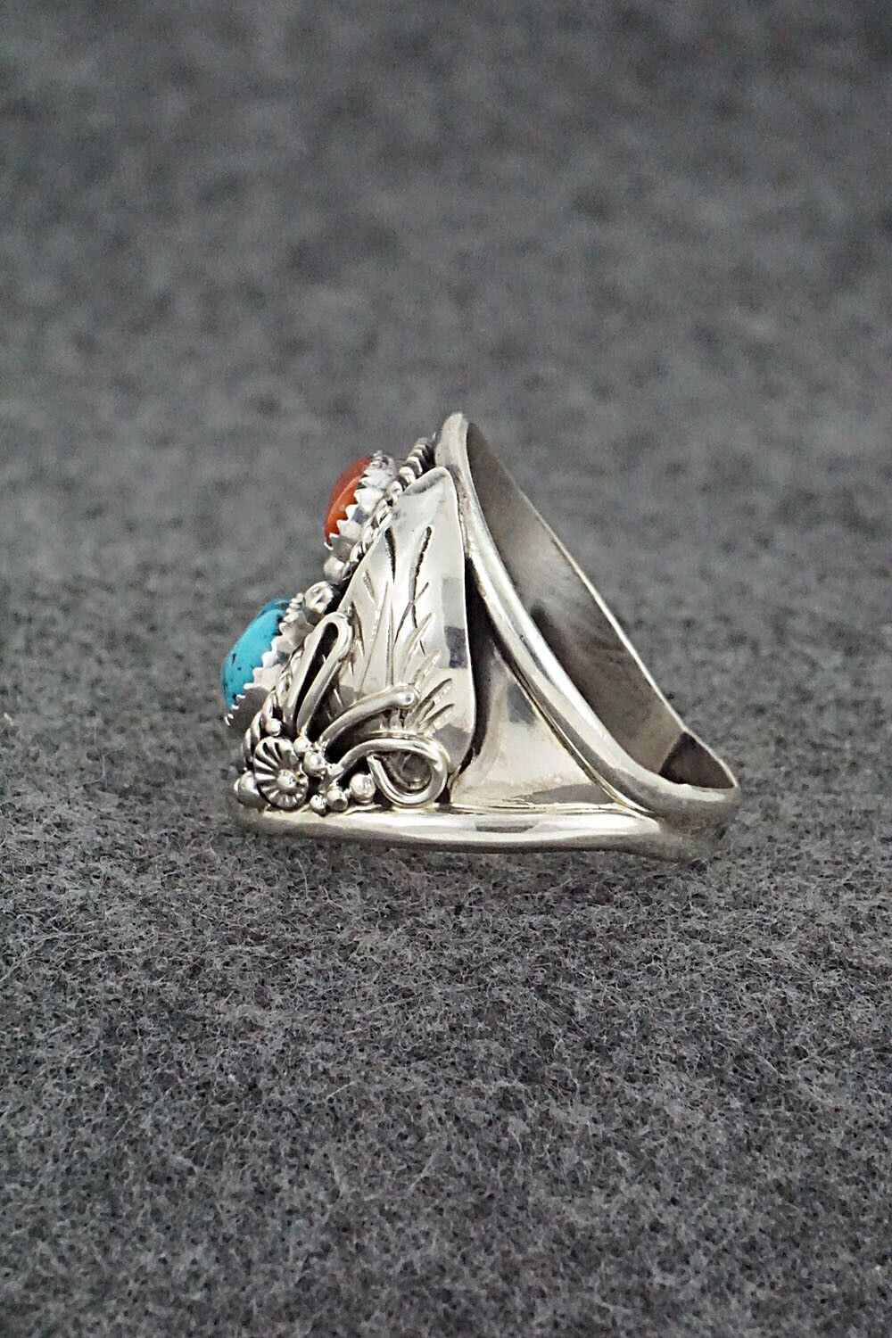 Turquoise, Coral & Sterling Silver Ring - Leonard Spencer - Size 11.5