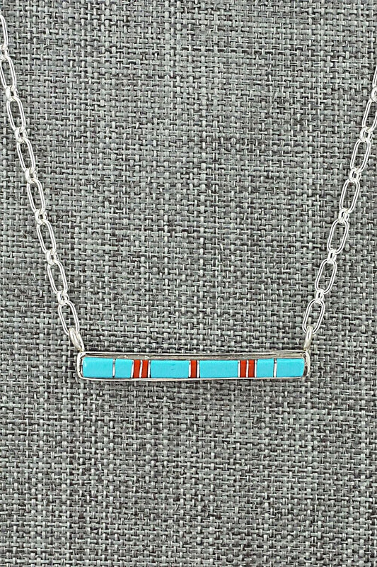 Turquoise, Coral & Sterling Silver Inlay Necklace - Roland Natachu