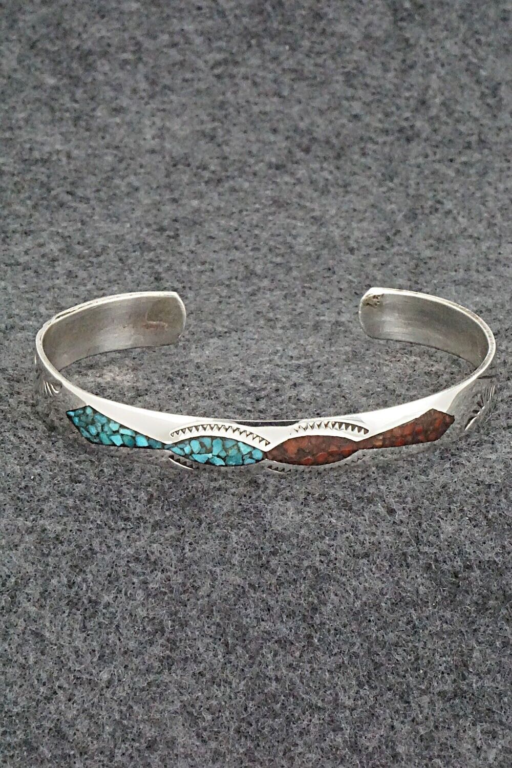 Turquoise, Coral Chip Inlay & Sterling Silver Bracelet - Joleen Yazzie
