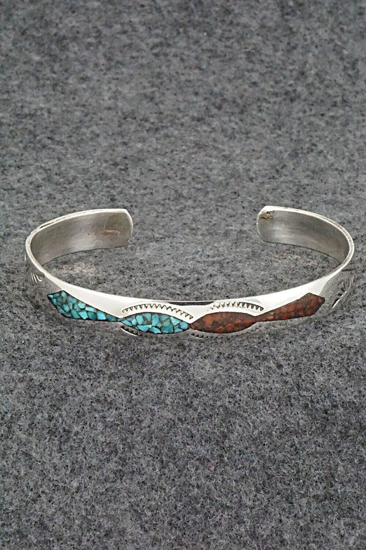 Turquoise, Coral Chip Inlay & Sterling Silver Bracelet - Joleen Yazzie