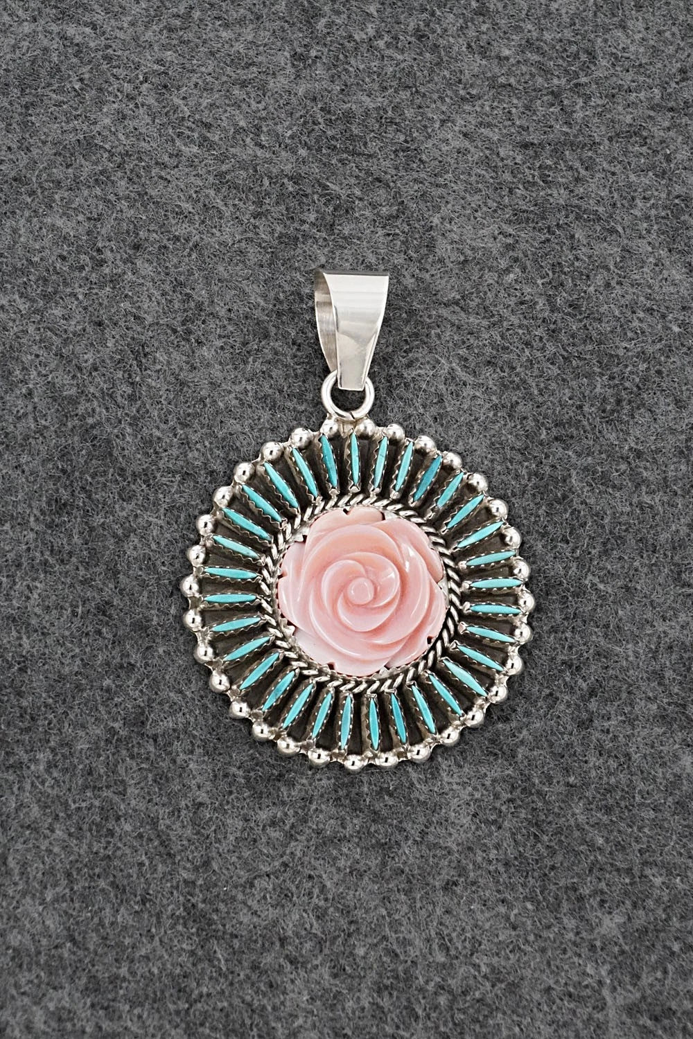 Turquoise, Pink Conch & Sterling Silver Pendant - Roland Francisco