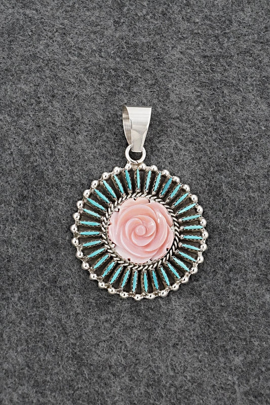 Turquoise, Pink Conch & Sterling Silver Pendant - Roland Francisco
