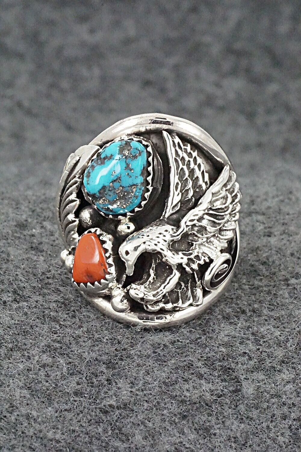 Turquoise, Coral & Sterling Silver Ring - Jeannette Saunders - Size 9.75